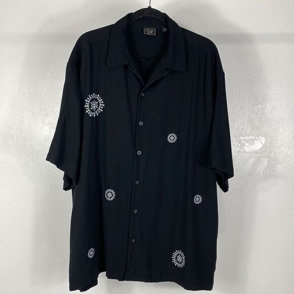 WfF black 100% silk embroidered short sleeve button down shirt size XXL - Picture 1 of 9